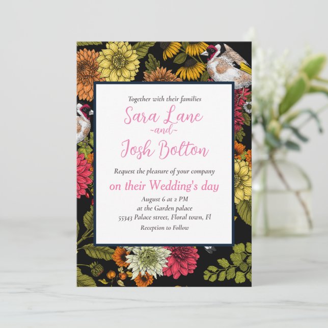 Invitation Goldfinches dans le jardin sur noir (Debout devant)