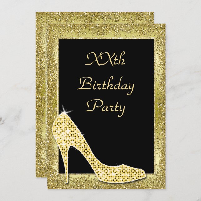 Invitation Golds glamour & Chaussure Diamond Anniversaire (Devant / Derrière)
