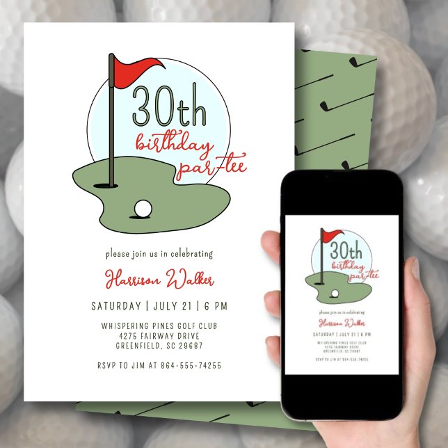 Invitation Golf 30th Birthday Party Hand Drawn Modern Green (Créateur téléchargé)