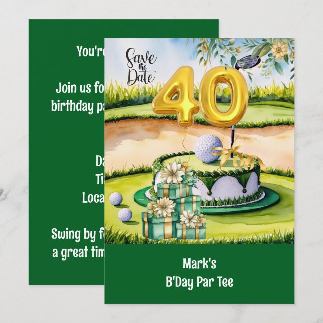 Invitation Golf 40e anniversaire avec gâteau sur le terrain d (Devant / Derrière)