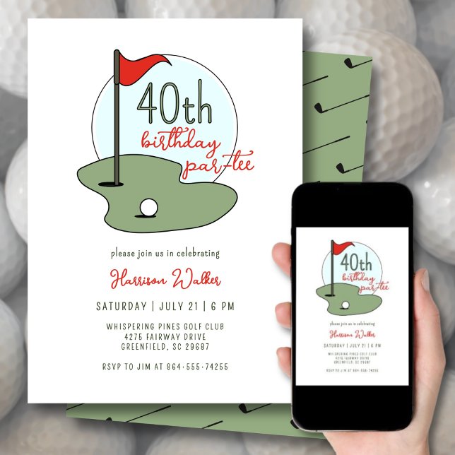 Invitation Golf 40th Birthday Party Hand Drawn Modern Green (Créateur téléchargé)