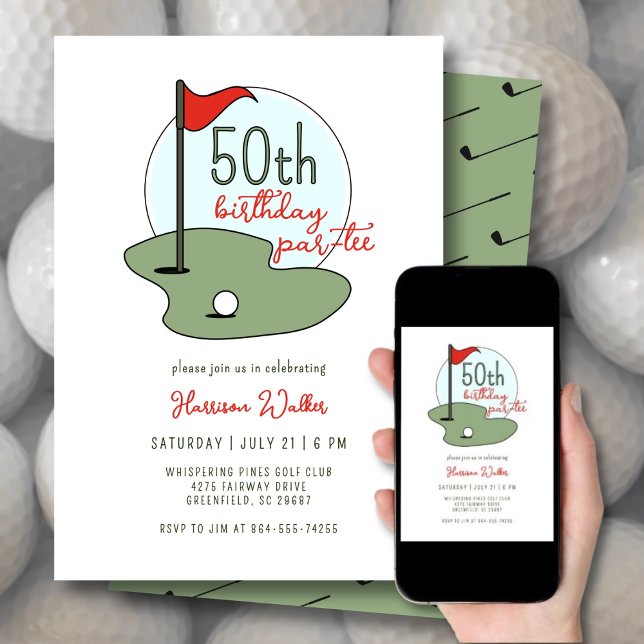 Invitation Golf 50th Birthday Party Hand Drawn Modern Green (Créateur téléchargé)