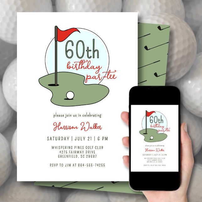 Invitation Golf 60th Birthday Party Hand Drawn Modern Green (Créateur téléchargé)