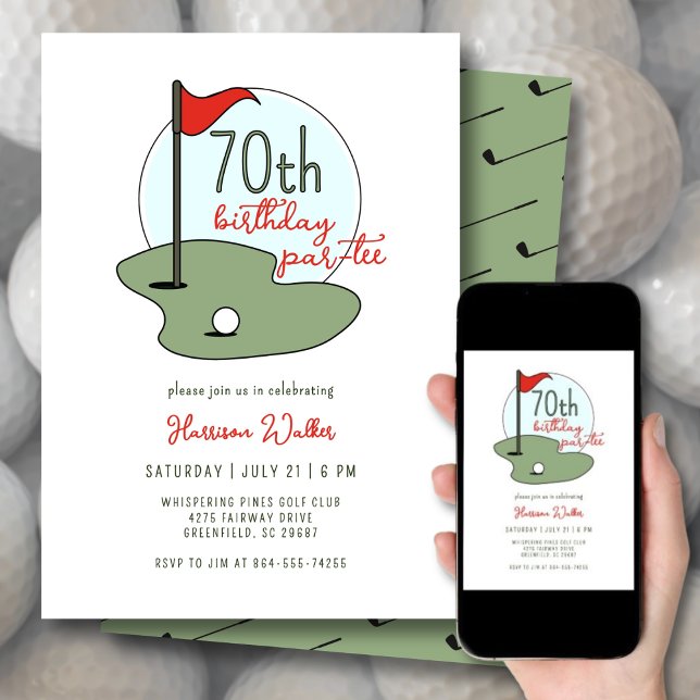 Invitation Golf 70th Birthday Party Hand Drawn Modern Green (Créateur téléchargé)