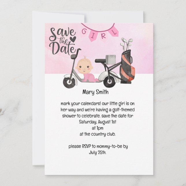 Invitation Golf Baby Girl pour Baby shower sur rose (Devant)