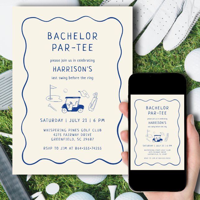 Invitation Golf Bachelor Party Dernière main coudée bleu (Créateur téléchargé)