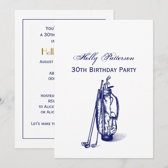 Invitation Golf Bag Golf Clubs Blue 30th Birthday Party (Devant / Derrière)