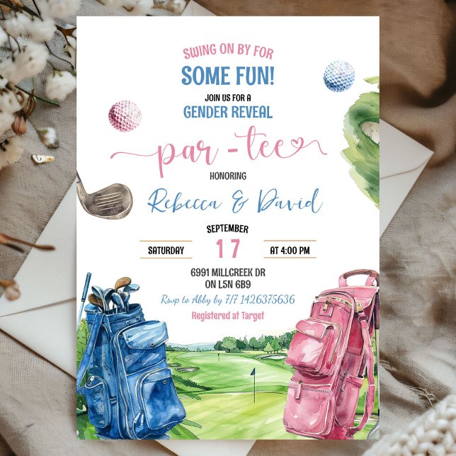 Invitation Golf bleu et rose thème Genre Reveal Par Tee (Créateur téléchargé)