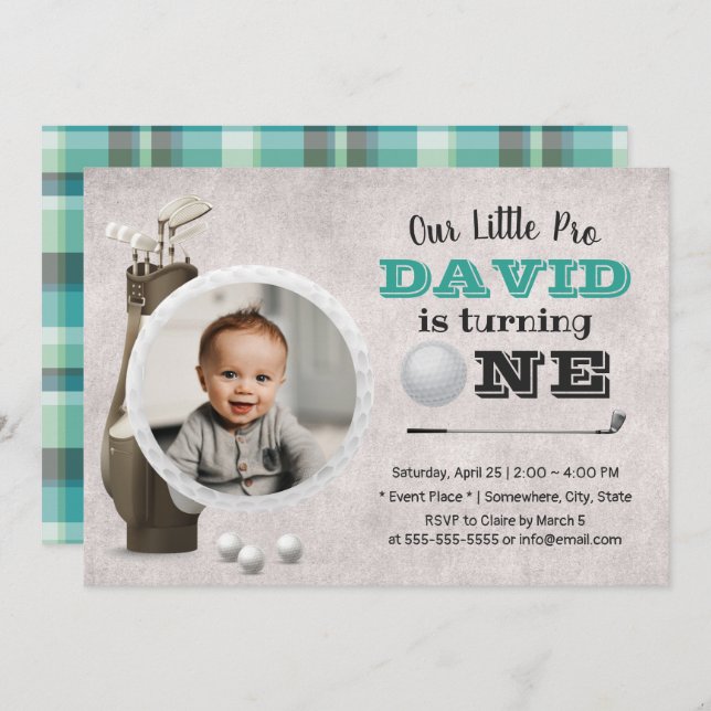 Invitation Golf Boy Future Golfer Cute Photo 1er anniversaire (Devant / Derrière)