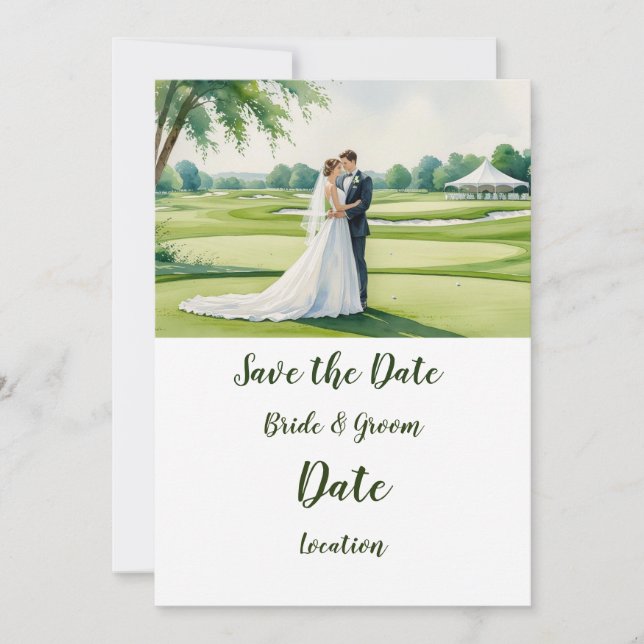 Invitation Golf  bride and groom on golf course (Devant)