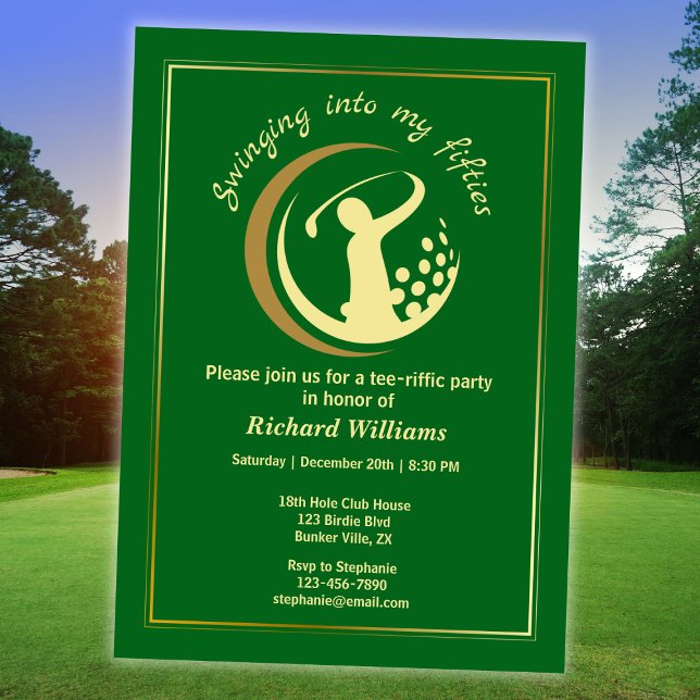 Invitation Golf Classic Vert Joueur Doré 50e Anniversaire  (Créateur téléchargé)