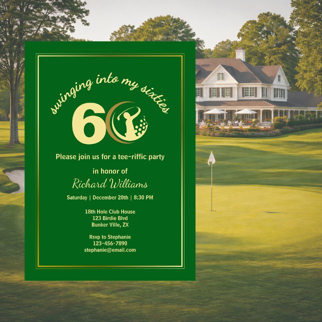 Invitation Golf Classic Vert Joueur Doré 60e Anniversaire  In (Créateur téléchargé)