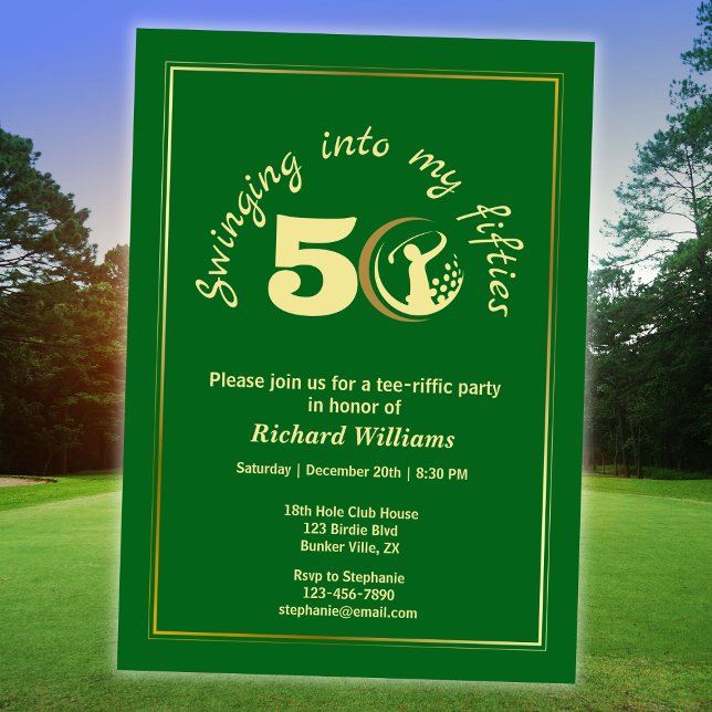 Invitation Golf Classique Vert Joueur Doré 50e Anniversaire  (Créateur téléchargé)