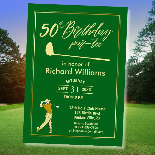 Invitation Golf Classique Vert Joueur Doré Hommes 50e Anniver (Créateur téléchargé)