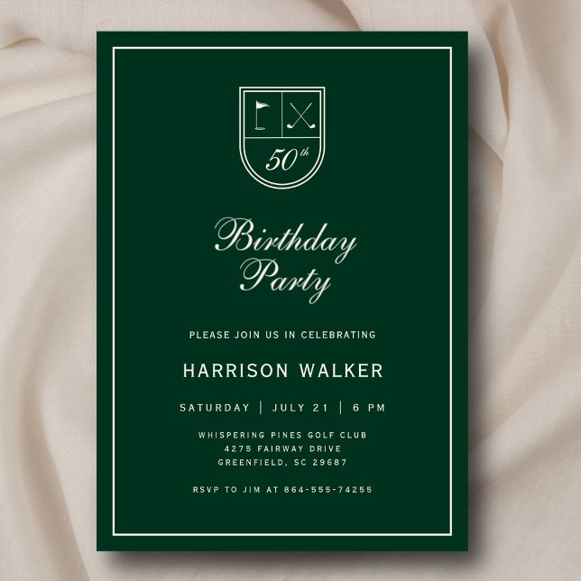 Invitation Golf Crest 50th Birthday Party Elegant Script (Clean, minimal, and fully customizable.)