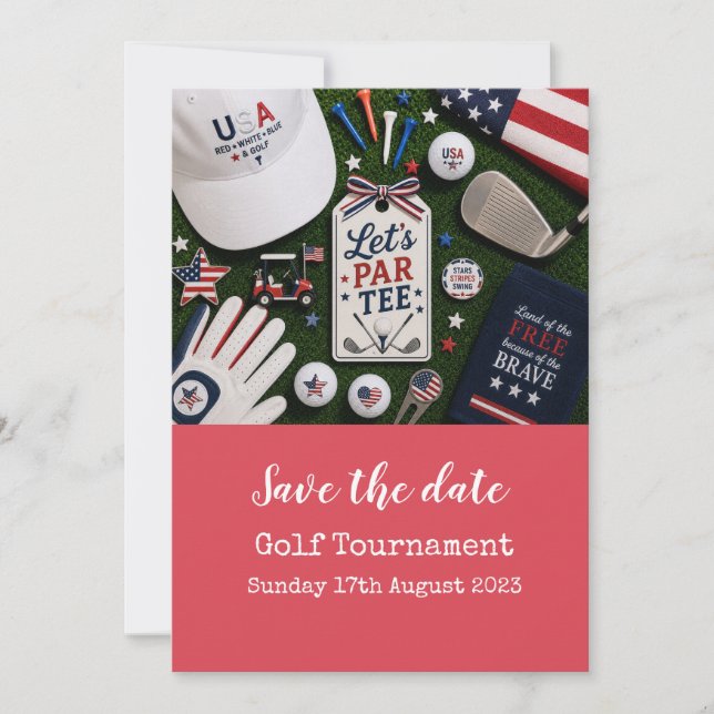 Invitation Golf Enregistrez la date avec un thème américain (Devant)
