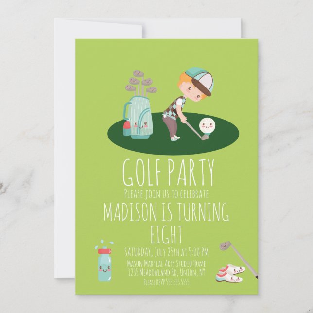 Invitation Golf Garçons Anniversaire Mignon Parti Vert (Devant)