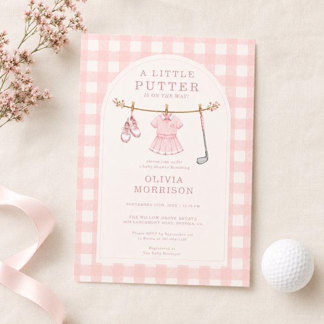 Invitation Golf Little Putter Rose Fille Gingham Baby Shower (Créateur téléchargé)