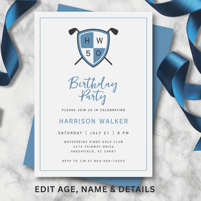 Invitation Golf Modern 50th Adult Birthday Party Stylish Blue (Modern golf crest design with personalized initials and age.)