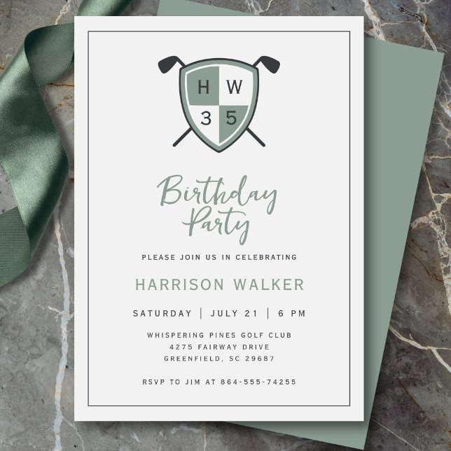 Invitation Golf Moderne Fête d'Anniversaire Tout Âge Élégant  (Modern golf crest design with personalized initials and age.)