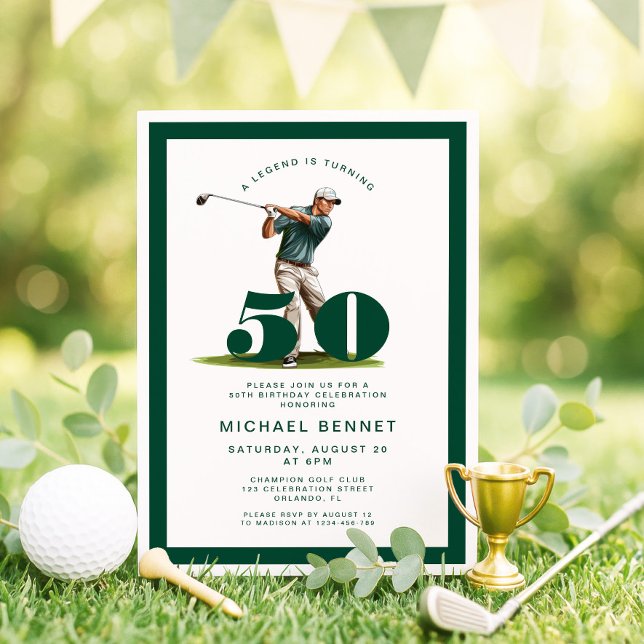 Invitation Golf Moderne Vert 50e Anniversaire (Modern Green Golf 50th Birthday Invitation)