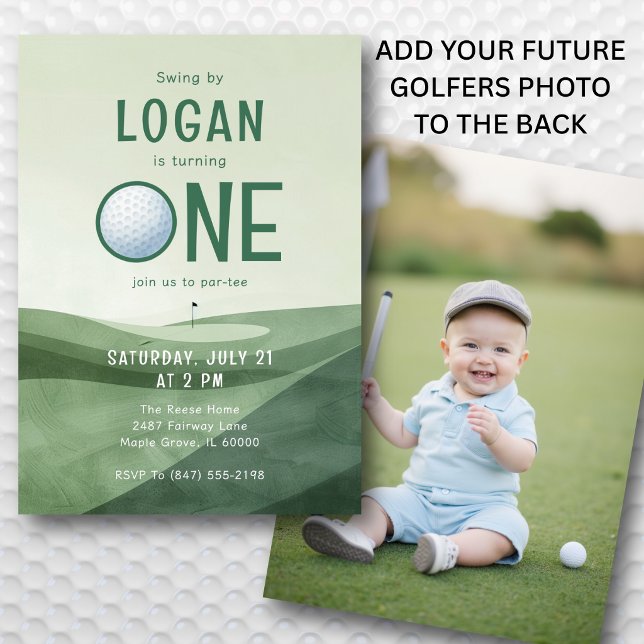 Invitation Golf Par-tee de photo aquarelle pour 1er anniversa (Neutral green palette works beautifully for both boys and girls.)