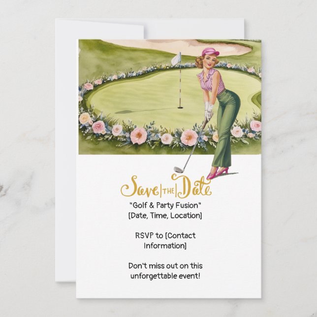 Invitation Golf Retro Chic : Femme Golfeuse au Green (Devant)