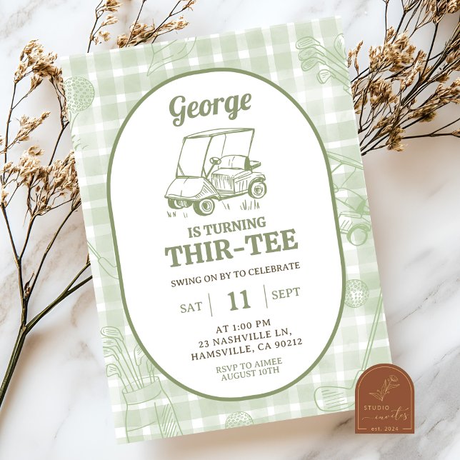 Invitation Golf Sage Green Rayures Anniversaire Thirtee (Créateur téléchargé)