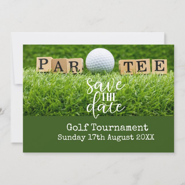 Invitation Golf Sauver la date avec balle de golf sur vert (Devant)