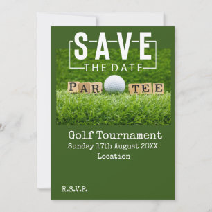 Invitation Golf Sauvez la date avec balle de golf sur vert