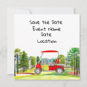Invitation Golf Save the Date party avec voiturette de golf