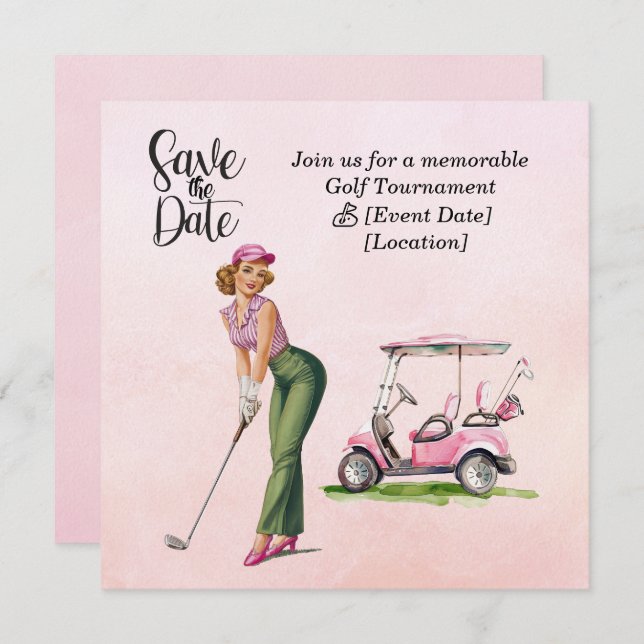 Invitation Golf Save the Date party pour la partie golfeuse f (Devant / Derrière)