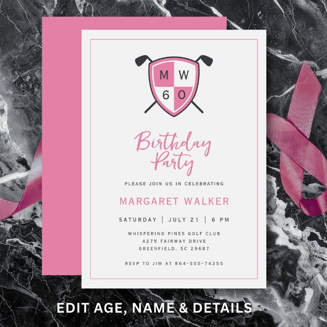 Invitation Golf Stylish 60th Adult Birthday Party Modern Pink (Clean layout keeps party details stylish and easy to read.)