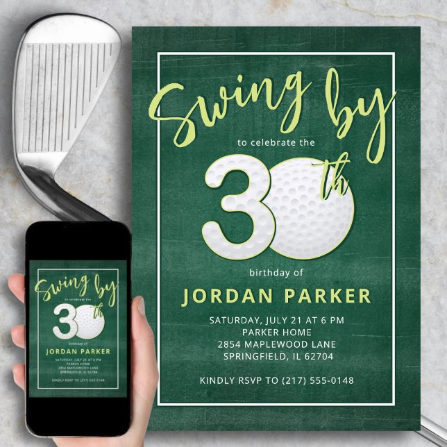 Invitation Golf Theme Swing By 30th Birthday Stylish Green (Personalized details make it uniquely yours.)