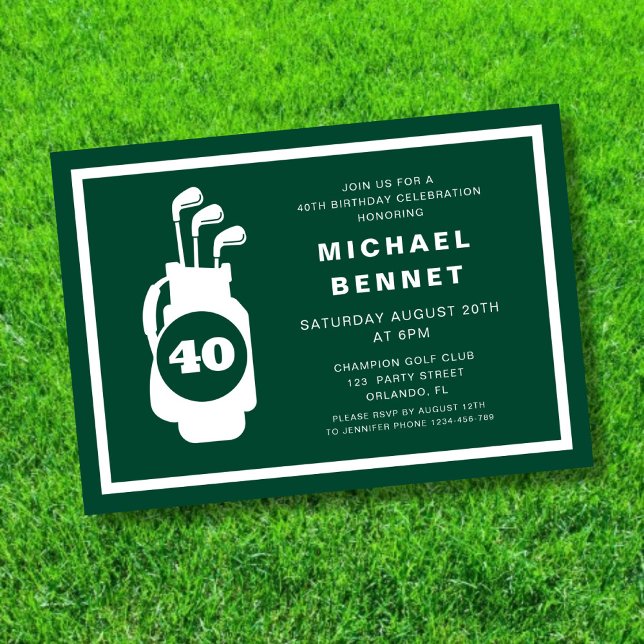 Invitation Golf Vert Moderne 40e Anniversaire (Modern Green Golf 40th Birthday Invitation)