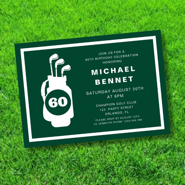 Invitation Golf Vert Moderne 60e Anniversaire (Modern Green Golf 60th Birthday Invitation)