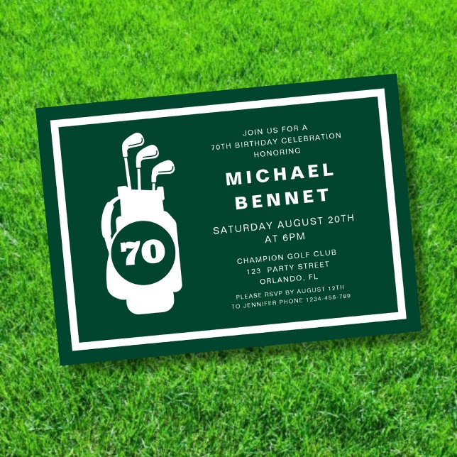 Invitation Golf Vert Moderne 70e Anniversaire (Modern Green Golf 70th Birthday Invitation)