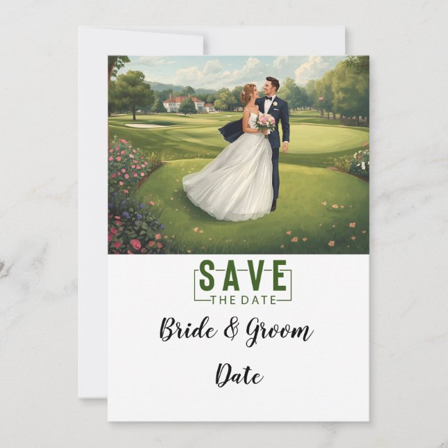 Invitation Golf Wedding with bride and groom at club house (Devant)