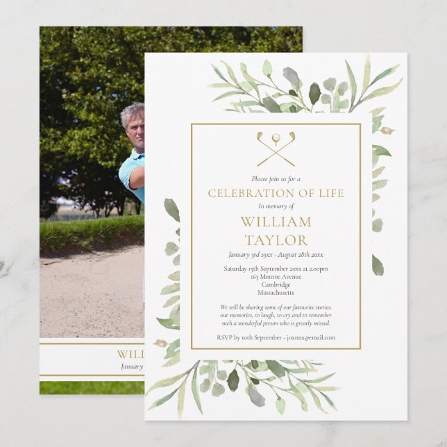 Invitation Golfer Photo Celebration of Life Funeral (Devant / Derrière)