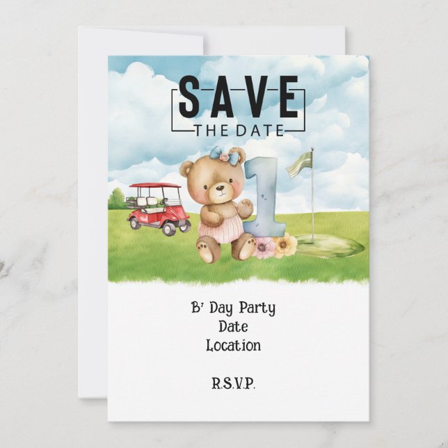 Invitation Golfeur 1er aquarelle d'anniversaire un an (Devant)