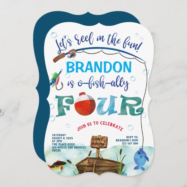 Invitation Gone Fishing quatrième anniversaire petit pêcheur (Devant / Derrière)