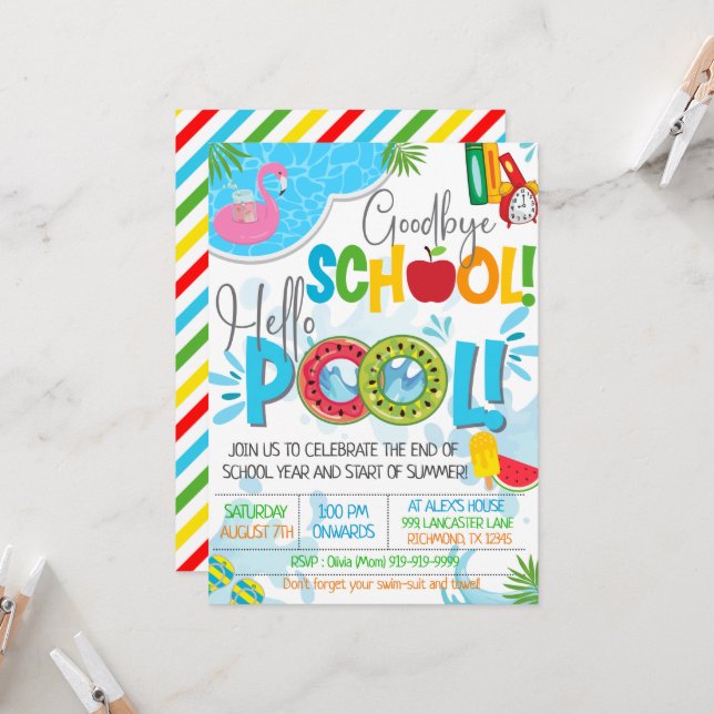 Invitation Goodbye School Hello Pool Fin de la fête scolaire (Devant/Arrière en situation)