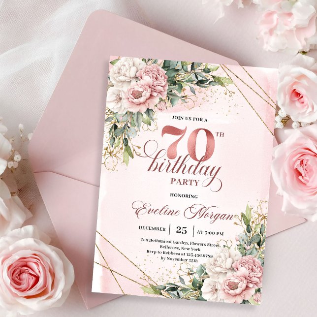 Invitation Gorgeous Blush Pink Watercolor Flowers 70 Birthday (Gorgeous Blush Pink Watercolor Flowers 70th Birthday Invitation)