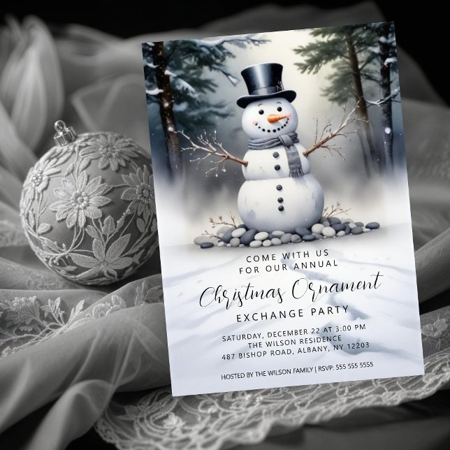 Invitation Gorgeous Snowman Frosted Forest Ornament Exchange (Cute Gorgeous Snowman Frosted Landscape Forest Christmas Holidays Ornament Exchange Party Invitation)