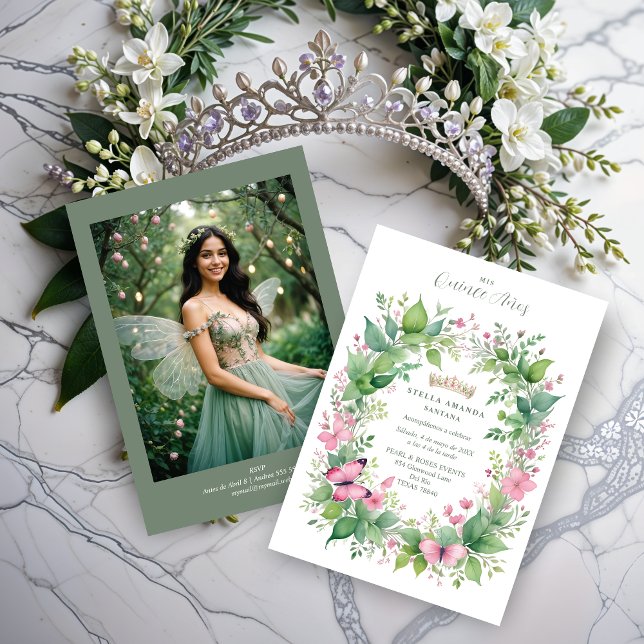 Invitation Gorgeous Spring Tiara Green & Pink Floral Spanish  (Gorgeous Spring Tiara Green & Pink Floral Spanish Quinceañera Photo Invitations Cards. )