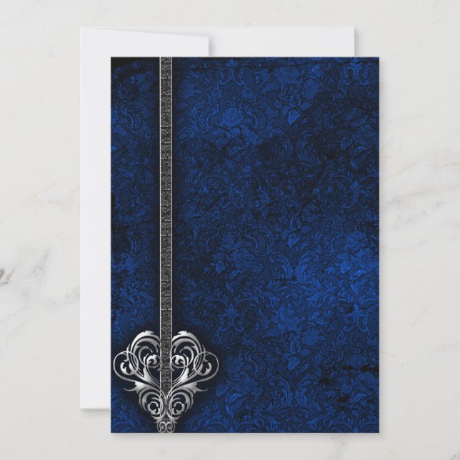 Invitation Goth Blue Damask Silver Heart mariage (Devant)