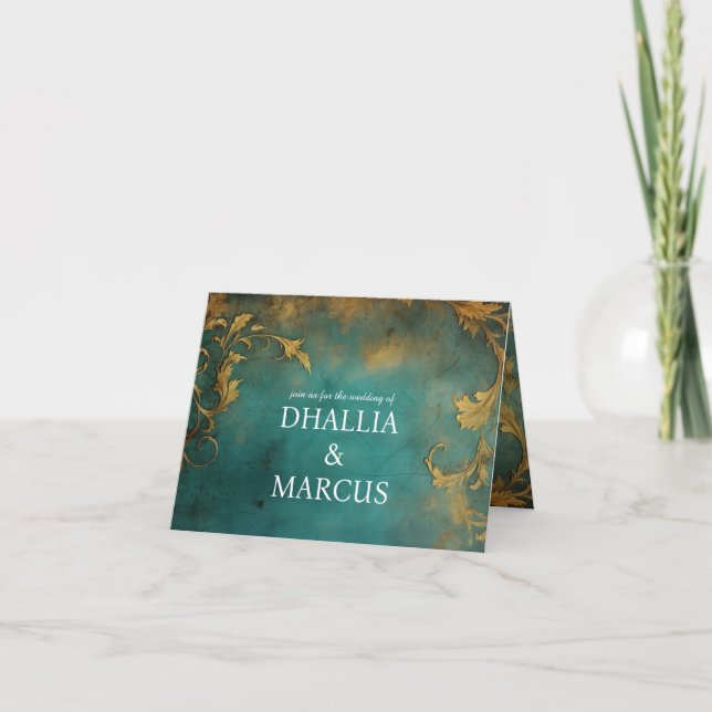 Invitation Goth Floral Turquoise Et Or (Devant)