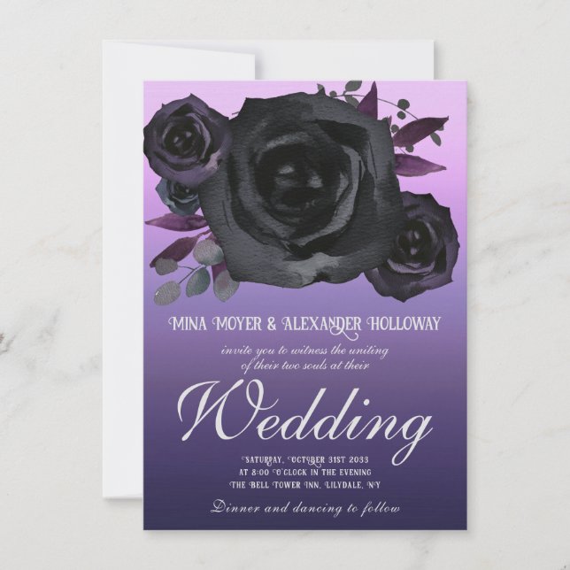 Invitation Goth moderne violet Rose noir Mariage (Devant)