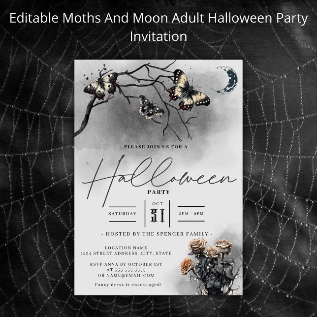 Invitation Goth Moths and Moon Black Adultes Halloween Party (Créateur téléchargé)