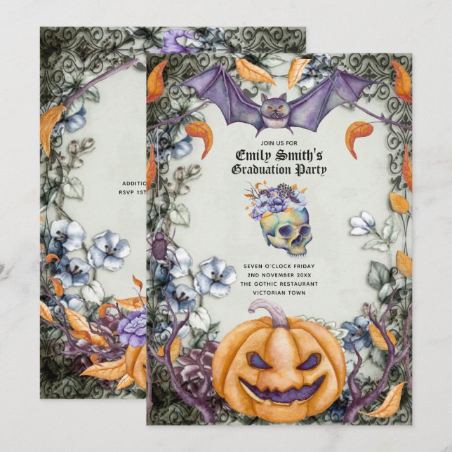 Invitation Goth Purple Skulls Halloween / Muertos Graduation (Devant / Derrière)